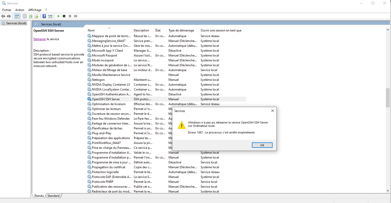 Не удалось запустить службу openssh ssh server на локальный компьютер ошибка 1067