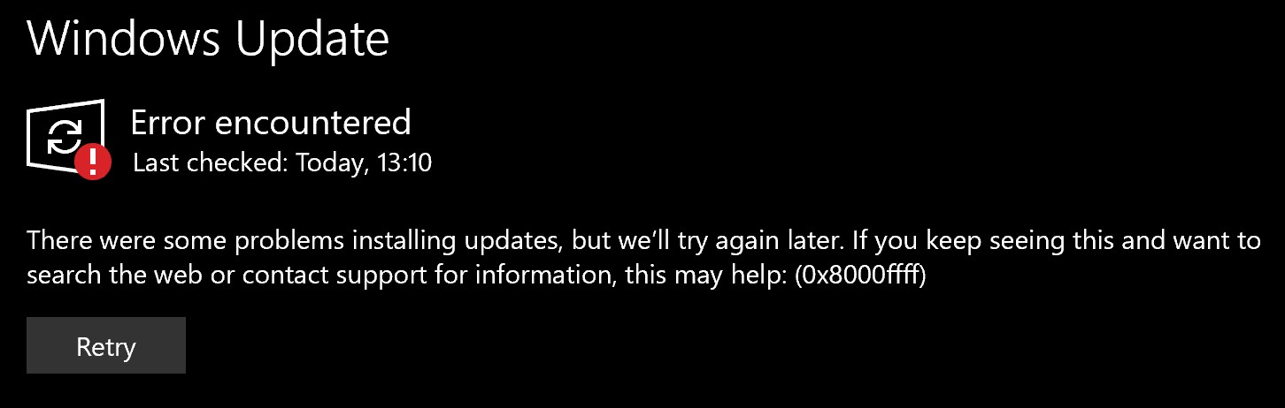 Unable to install updates after installing the 2004 update! 0x8000ffff