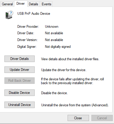Undetected/Missing drivers for USB PnP Audio Device.