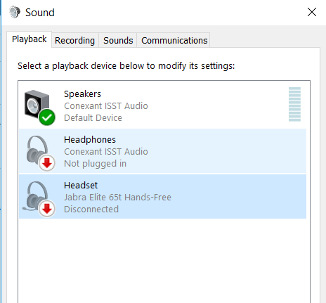 Bluetooth headsets Paired but showing as "Disconnected" in sound settings.