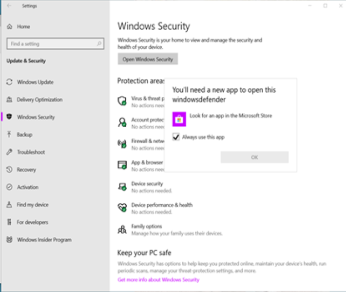 Windows Security GUI (SecHealthUI.exe) does not start.