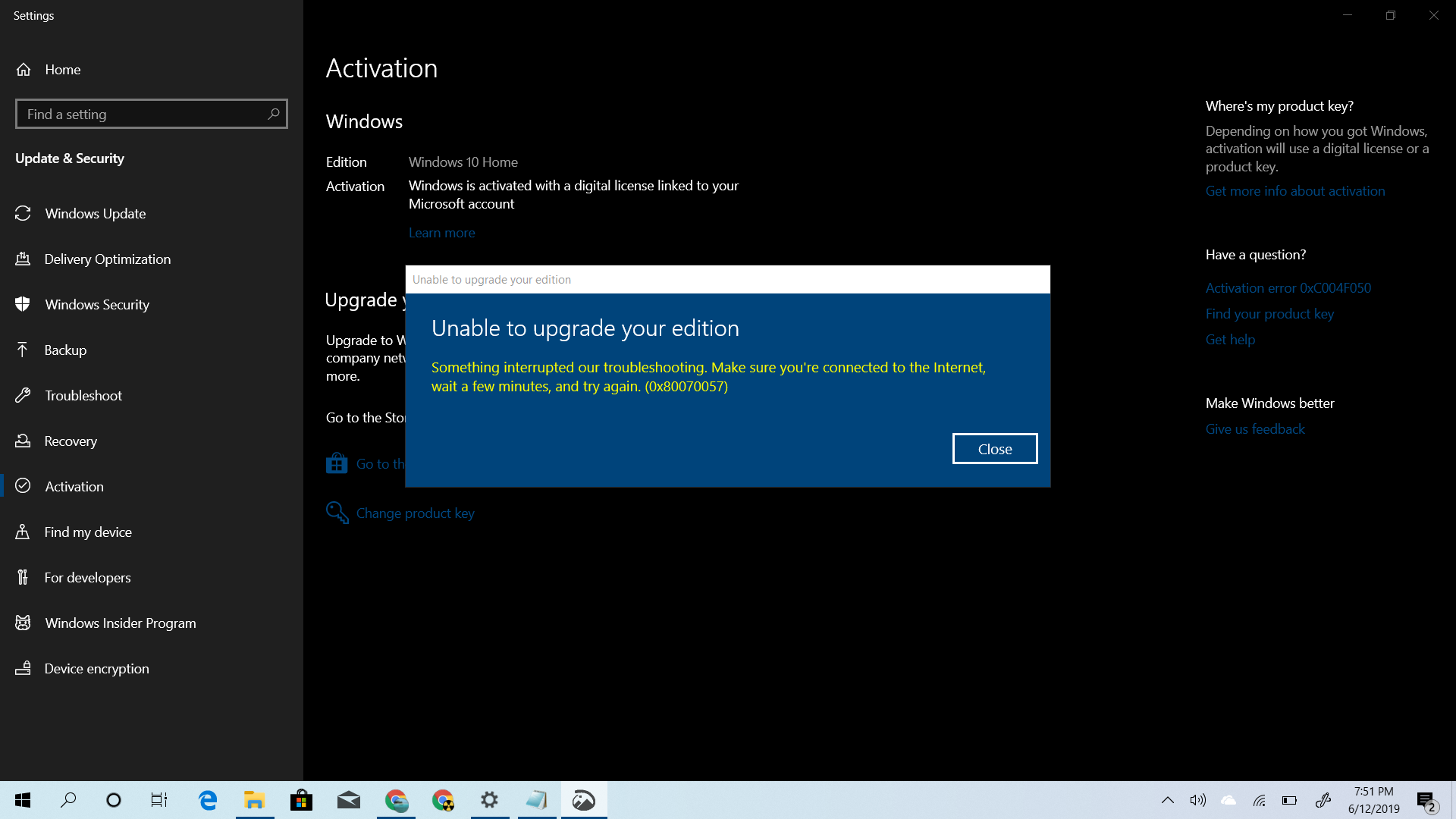 Can't upgrade from windows 10 home to windows 10 pro using windows 7 pro  genuine key