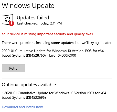 Update failed KB4528760 - Error 0x800f0900