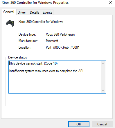 Wired Xbox 360 Controller - Code 10 Error