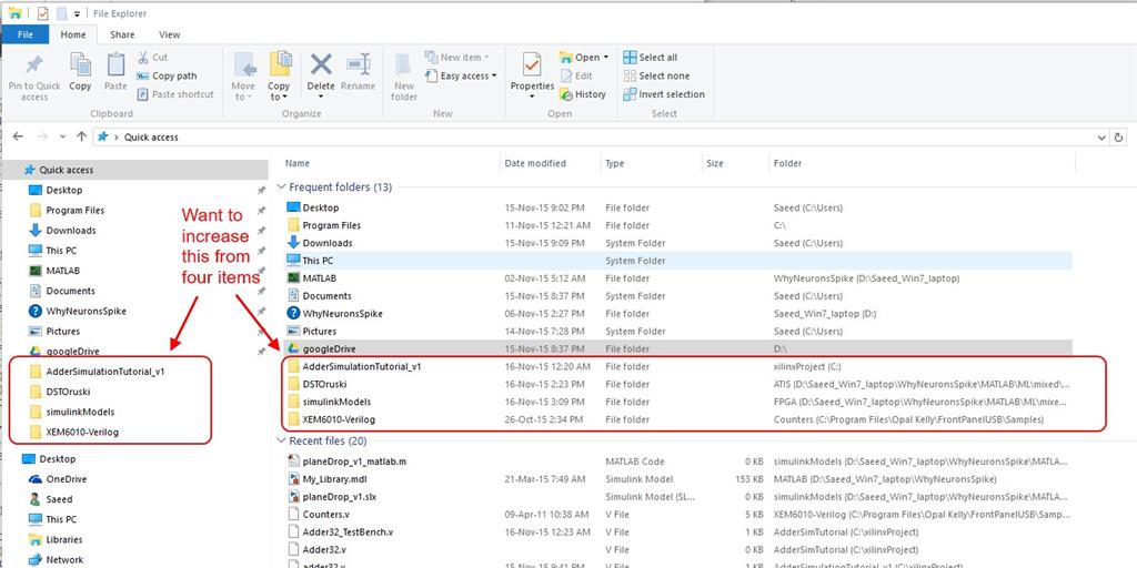 How to increase the number of items shown in "Recent Folders" folder in Windows  10, or...