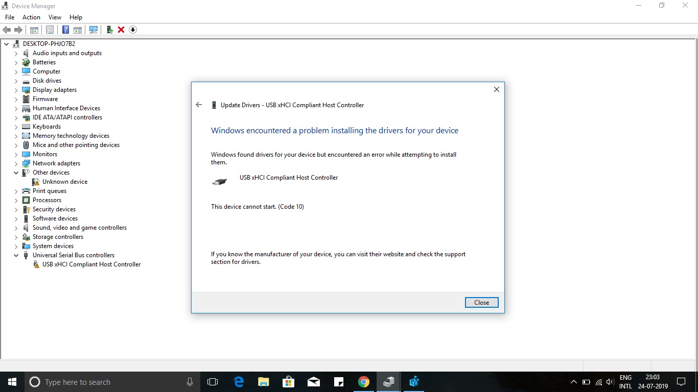 Windows10, USB ports stop working, getting USB xHCI Compliant Host  controller error (code 10)