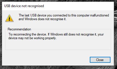 Windows 10: USB Device Not Recognised