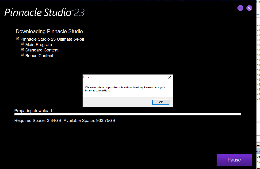 unable to download/install Pinnacle Studio 23 error refers to internet  connection