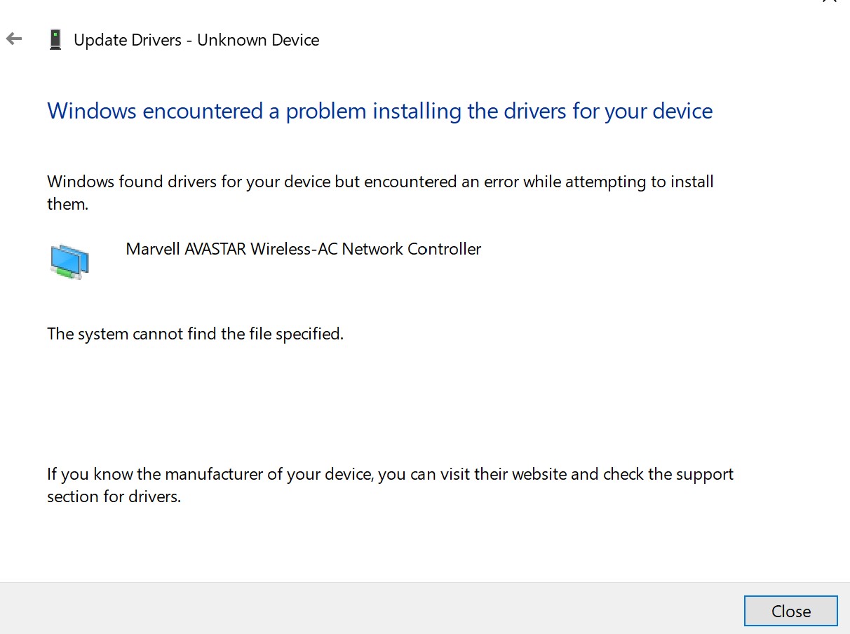 marvell avastar issue after 31 July update on surface book 2.
