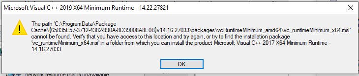 Microsoft Visual C++ 2019 X64 minimum runtime error