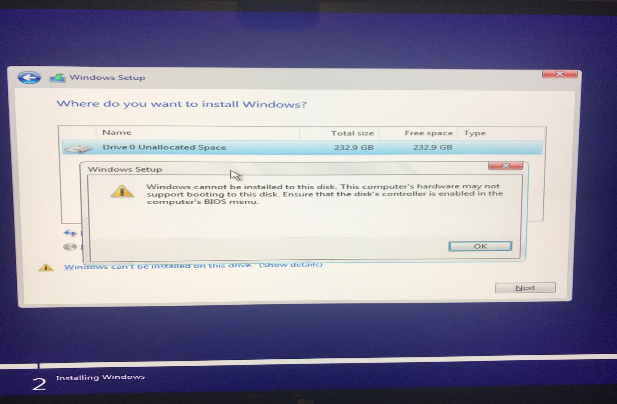 Windows cannot be installed to this disk. This computer's hardware may not  support booting...