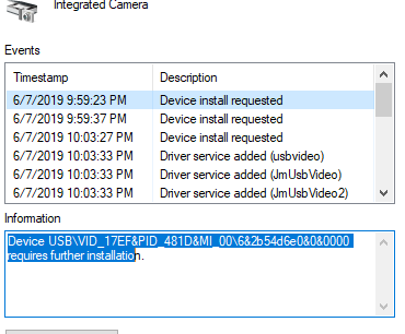 Device USB\VID_17EF&PID_481D&MI_00\6&2b54d6e0&0&0000 requires further  installation