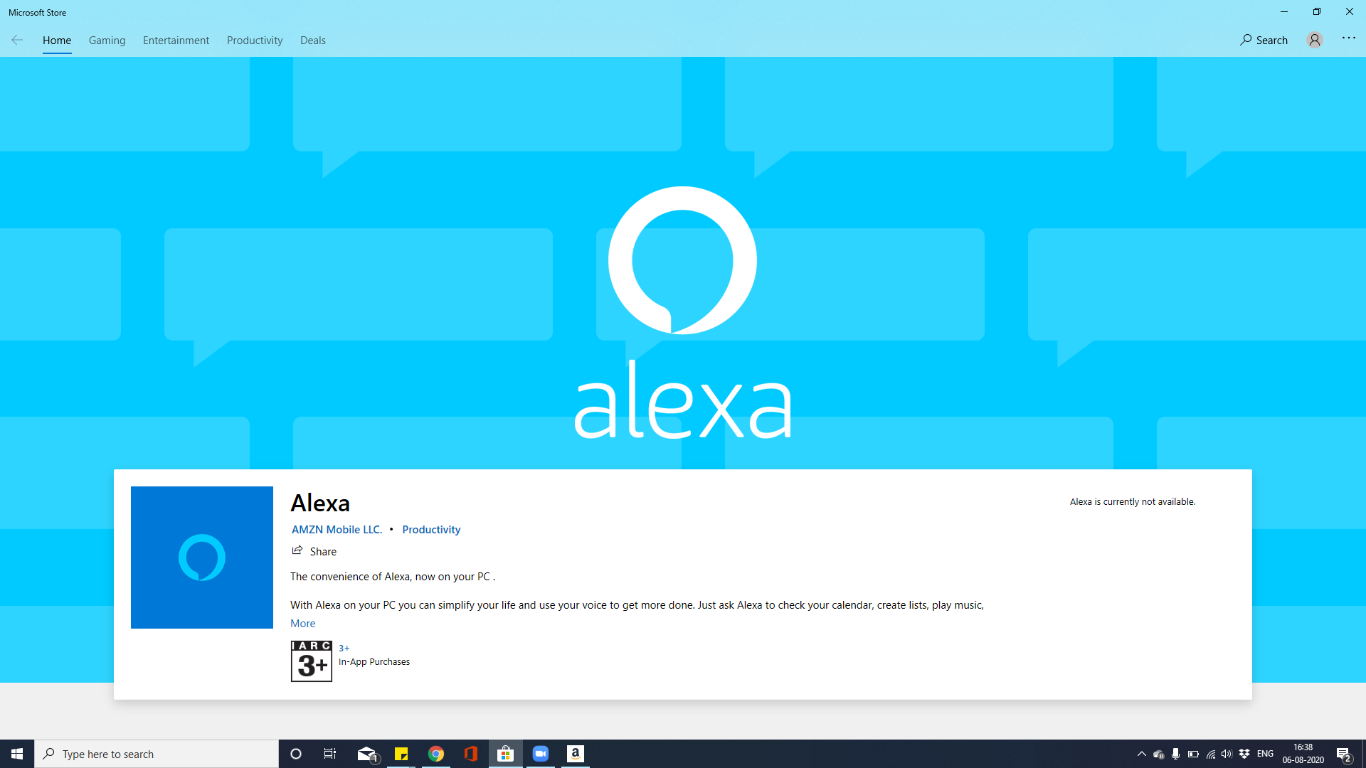 I am unable to install alexa in my PC. The Microsoft store is showing  unavailability of...
