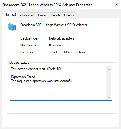 Broadcom 802.11abgn Wireless SDIO Adapter cannot start and not working.