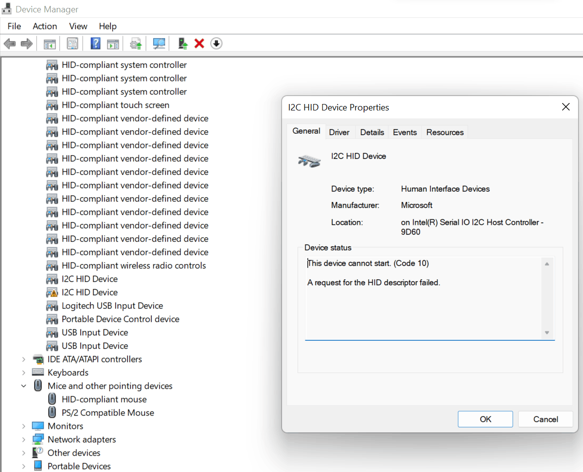 Does anyone know how to fix error code 10 on I2C HID Device in Device Manager under "Human... d1d152f1-698b-4d2f-9623-9982ee436ac4?upload=true.png