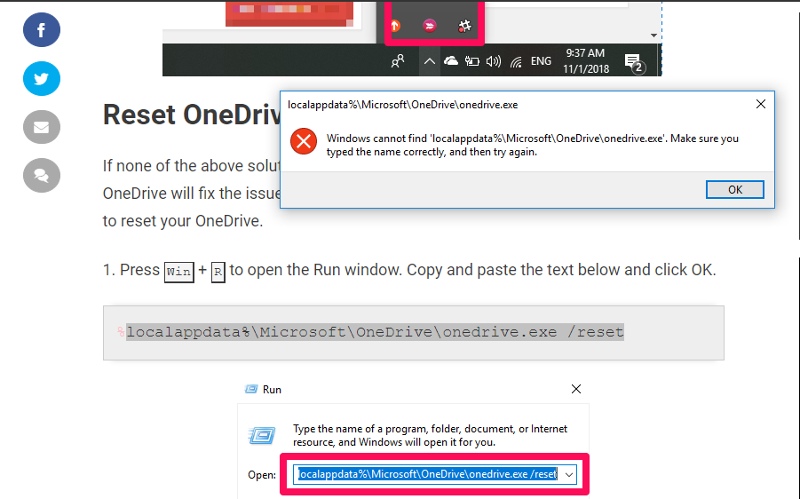 Onedrive Closing Showing At Taskbar And I Can T Reset One Drive
