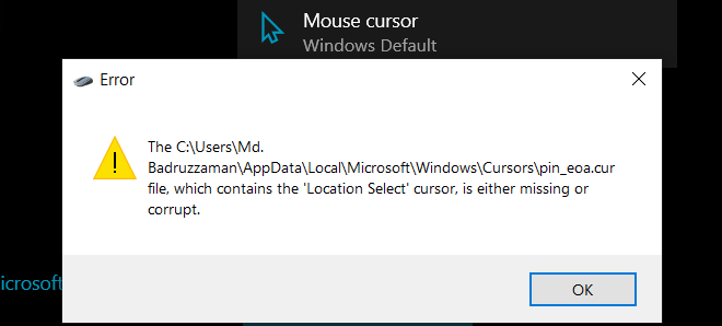 Mouse cursor file missing/corrupted