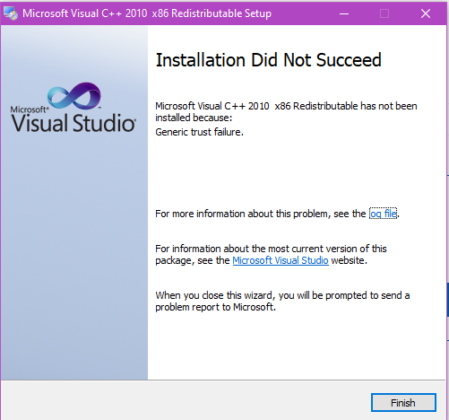Vc++2010 Redistributable Package x86 failed to install due to generic trust  issues